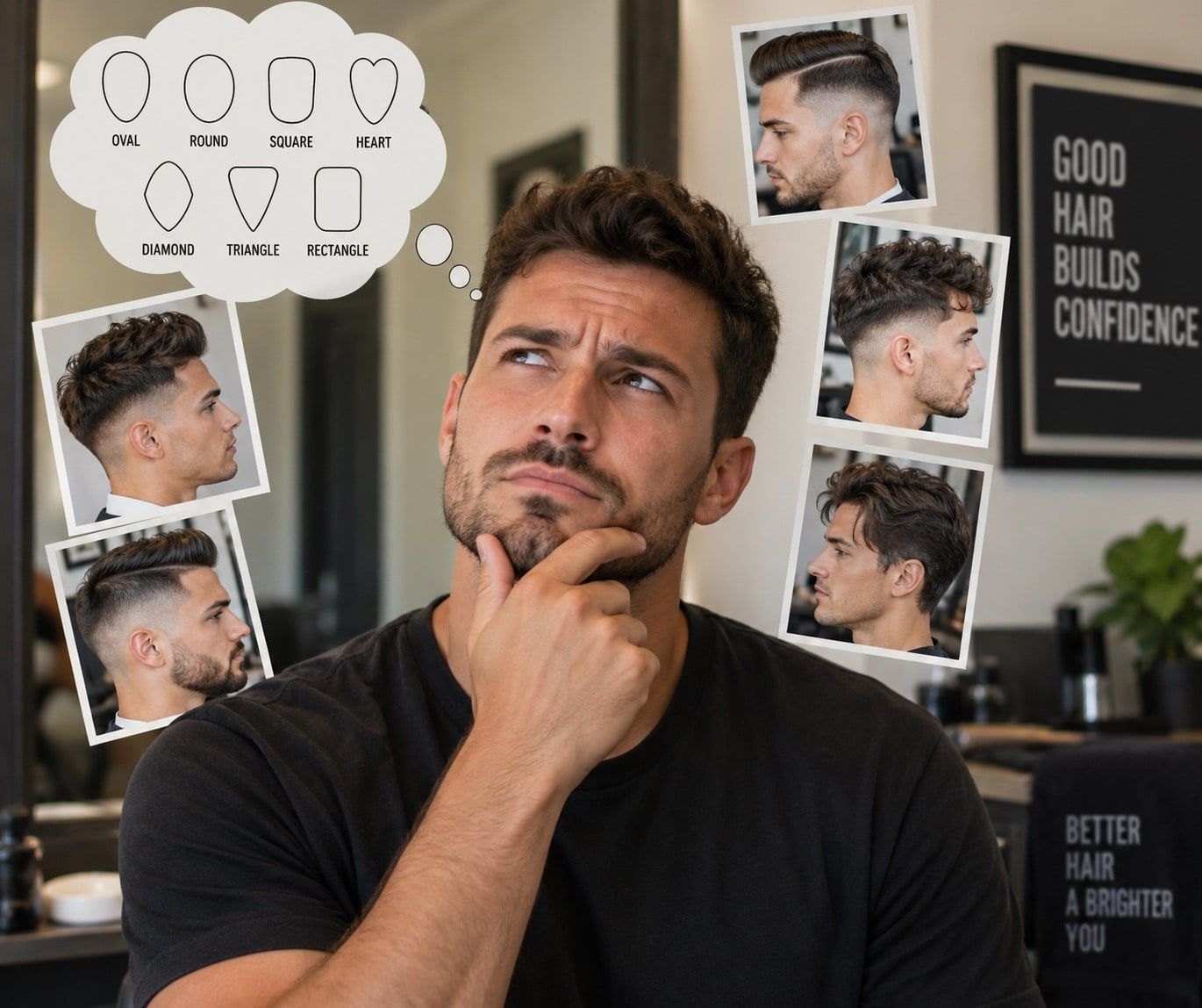 Diagram of common face shapes used to choose a men's haircut